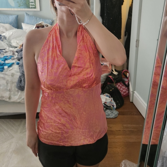 Express Vintage Silk Pink and Orange Floral Halter Top - Size S - Picture 1 of 13